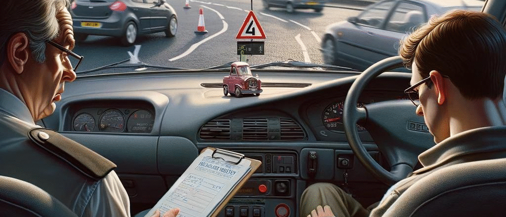 Examiner marking a learner down for a fail on a driving test at a roundabout