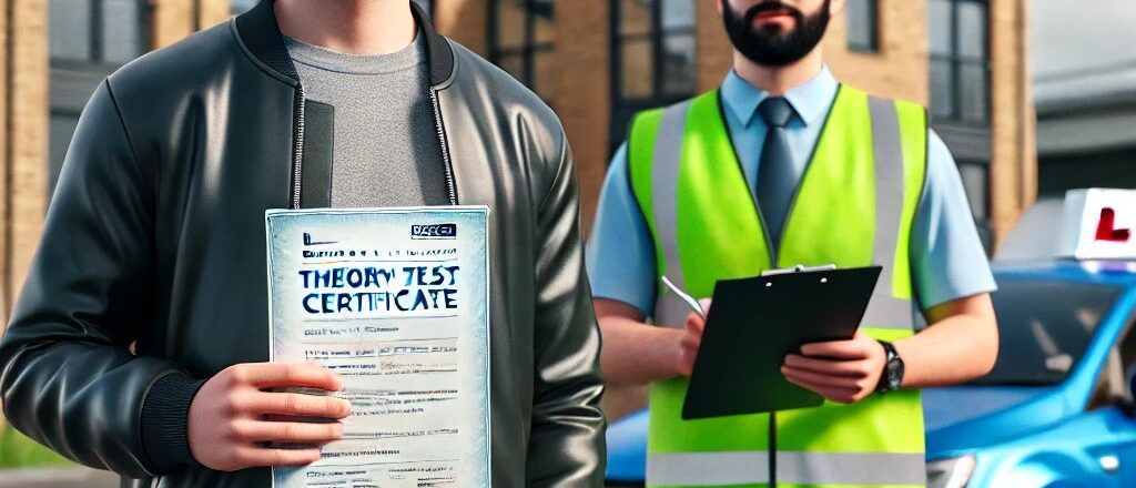Learner driver holding their theory test certificate at the practical test centre