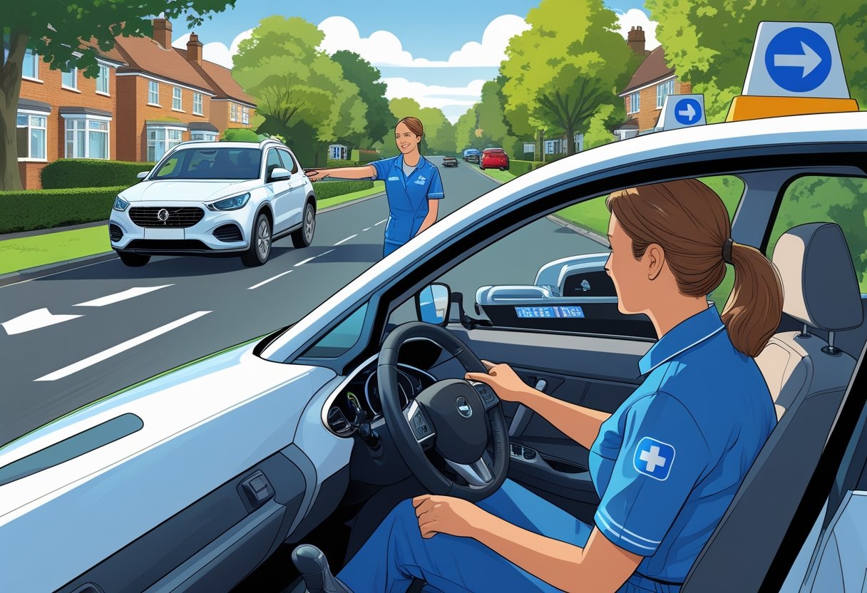 Care workers participating in a driving lesson with an instructor inside a car on a quiet suburban street.