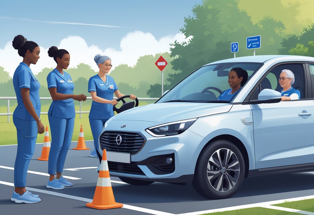 Care workers in uniforms participating in a driving lesson with an instructor at a training facility.