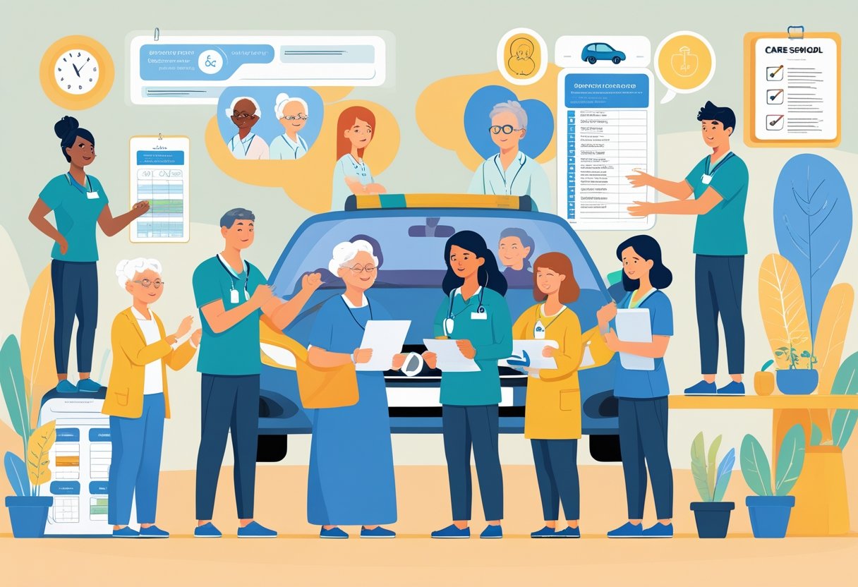 A group of care workers helping elderly people and a driving instructor teaching a care worker to drive, showing support and training.