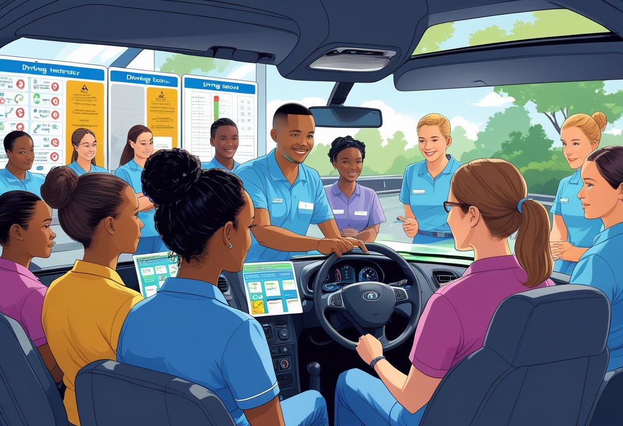 A group of care workers participating in a driving course with an instructor in a driving simulator classroom.