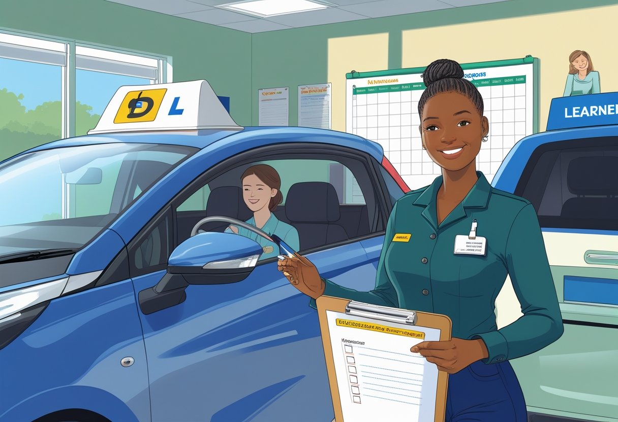 A care worker standing next to a driving school car while a driving instructor hands over a clipboard inside a driving school office.
