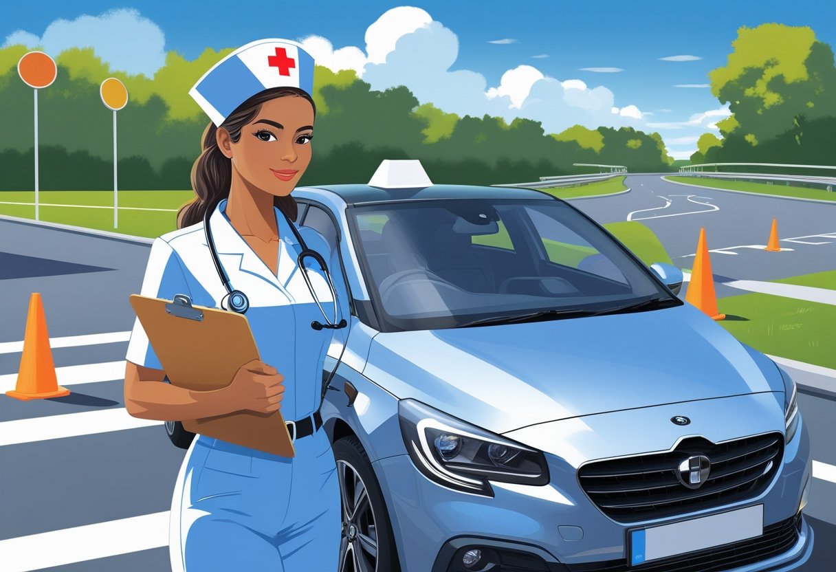 A nurse in uniform standing next to a car at a driving test area with road signs and cones.
