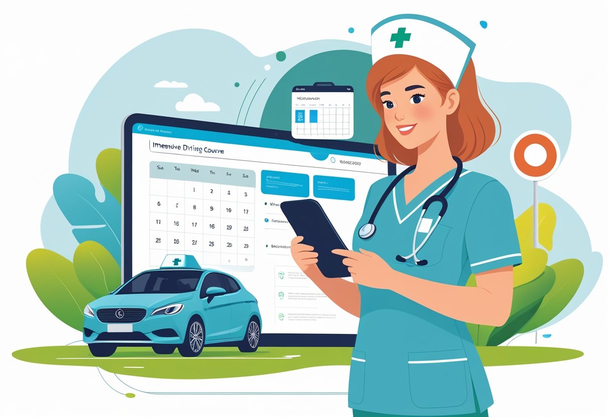 A nurse in scrubs using a smartphone to book an intensive driving course, with a car and driving symbols in the background.