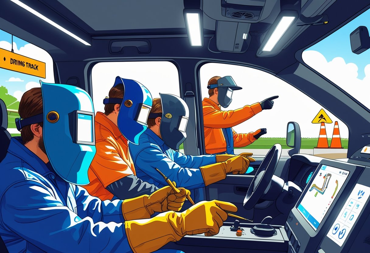 Welders wearing protective gear participating in a driving lesson with an instructor in a combined workshop and driving school setting.