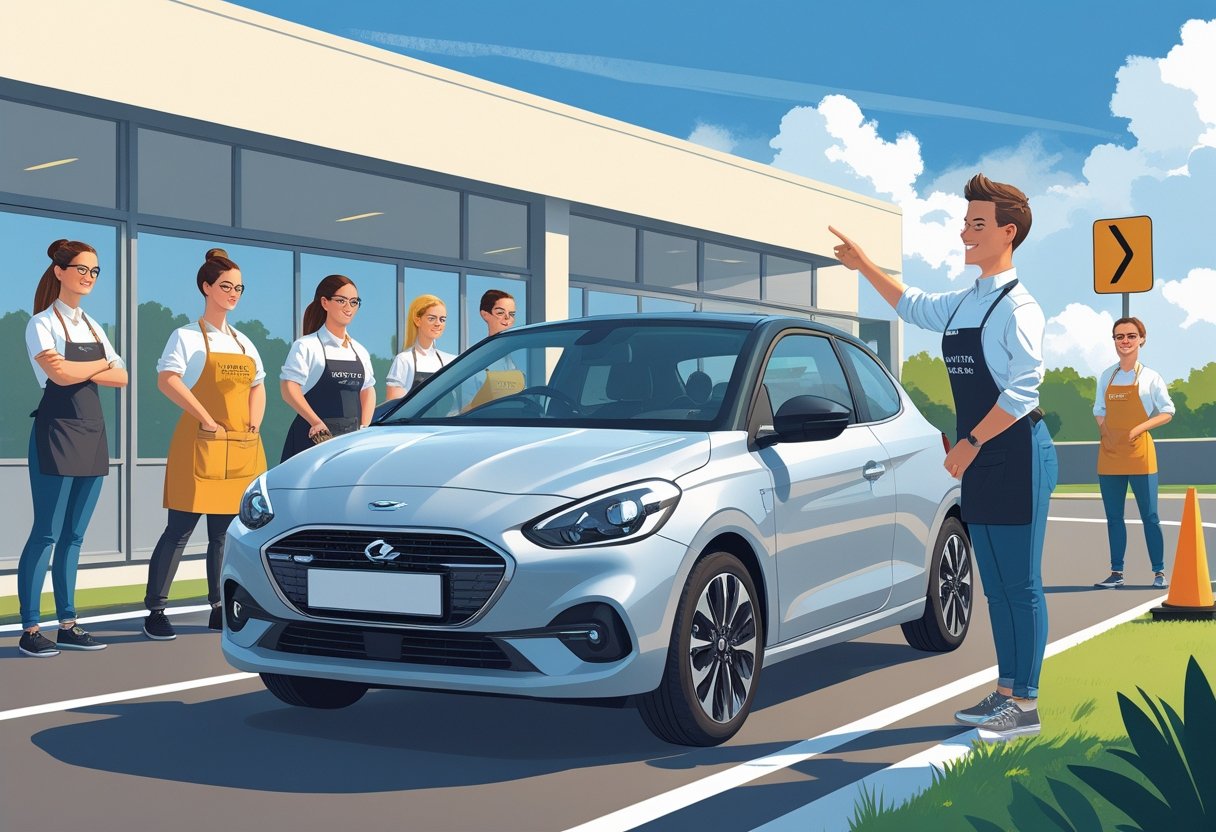 A group of baristas at a driving school where one barista is driving a car while an instructor gives guidance and others watch nearby.