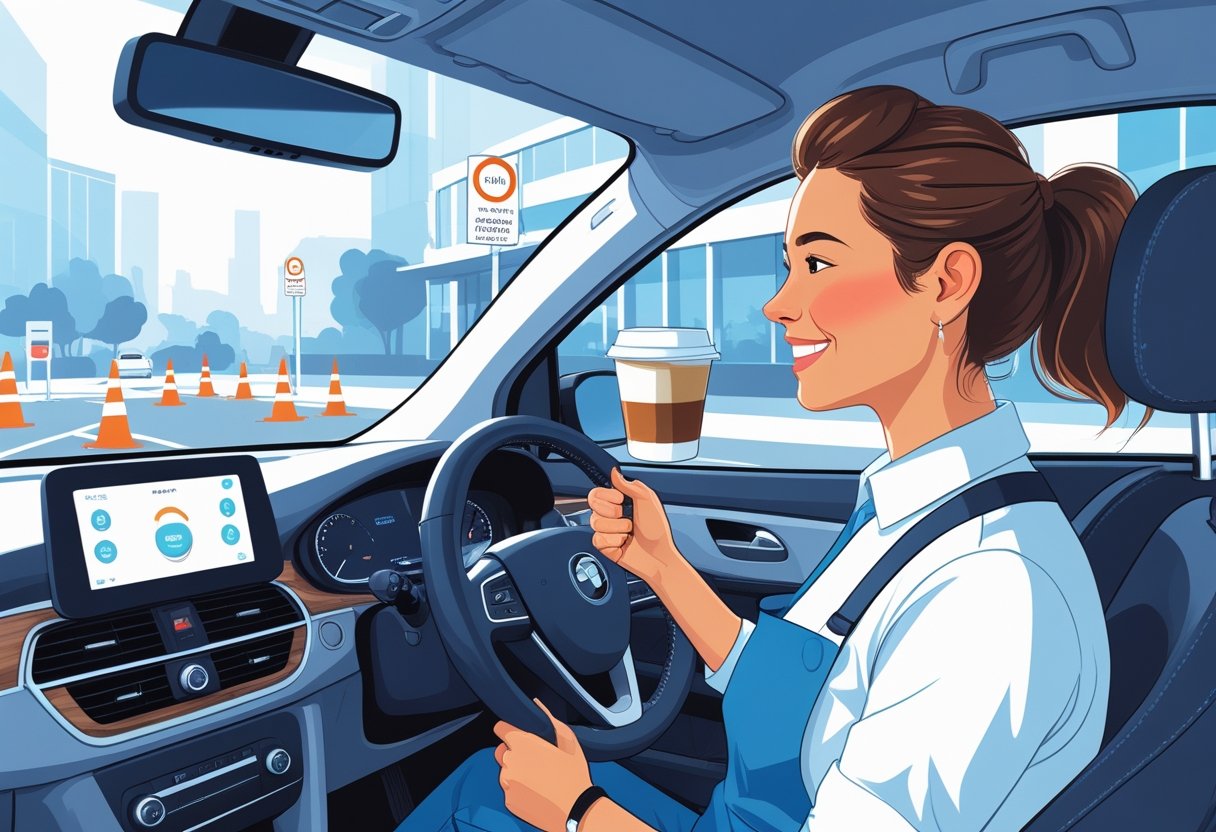 A barista in a coffee shop uniform learning to drive a car with an instructor in a driving school setting.