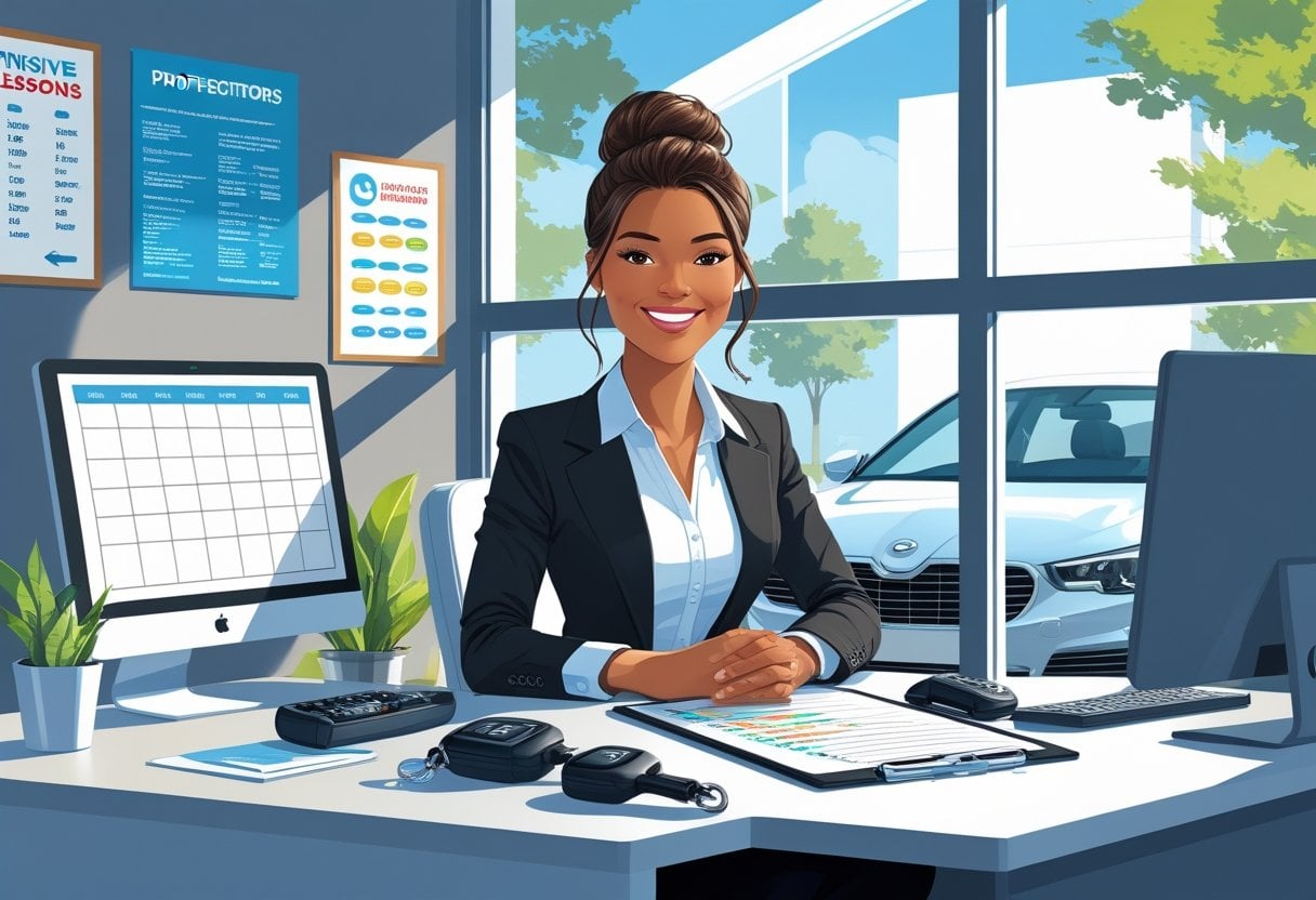 An administrative assistant at a desk with driving-related items like a steering wheel and car keys, in a bright office with a car visible outside the window.