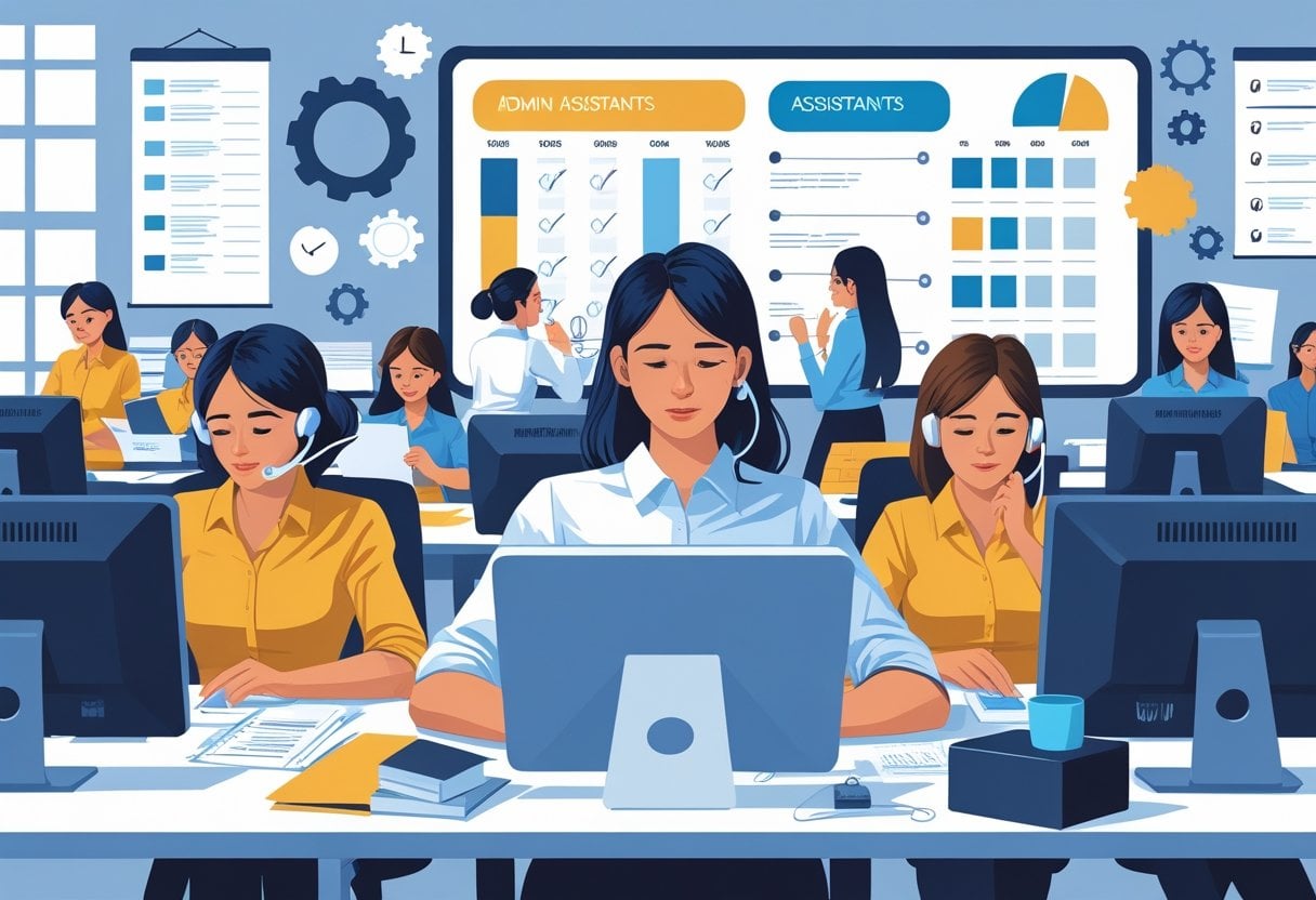 An office scene showing admin assistants working at desks while a trainer guides them through a learning session, with symbols of support and problem-solving around.