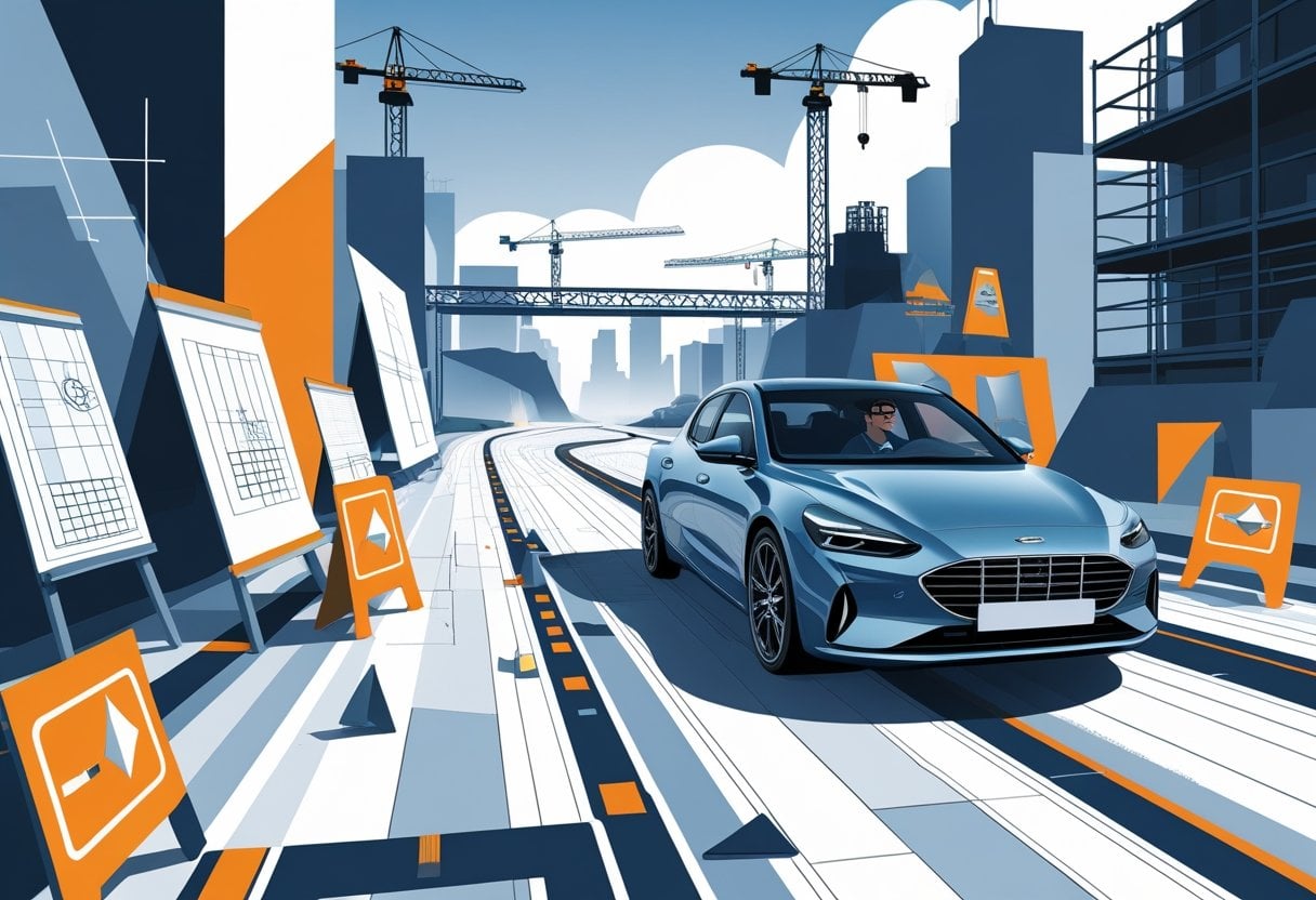 An architect driving a modern car through a driving course surrounded by architectural tools and city buildings.