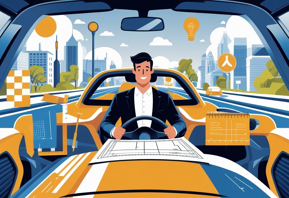 An architect driving a car while holding a blueprint, with architectural tools and a cityscape in the background.