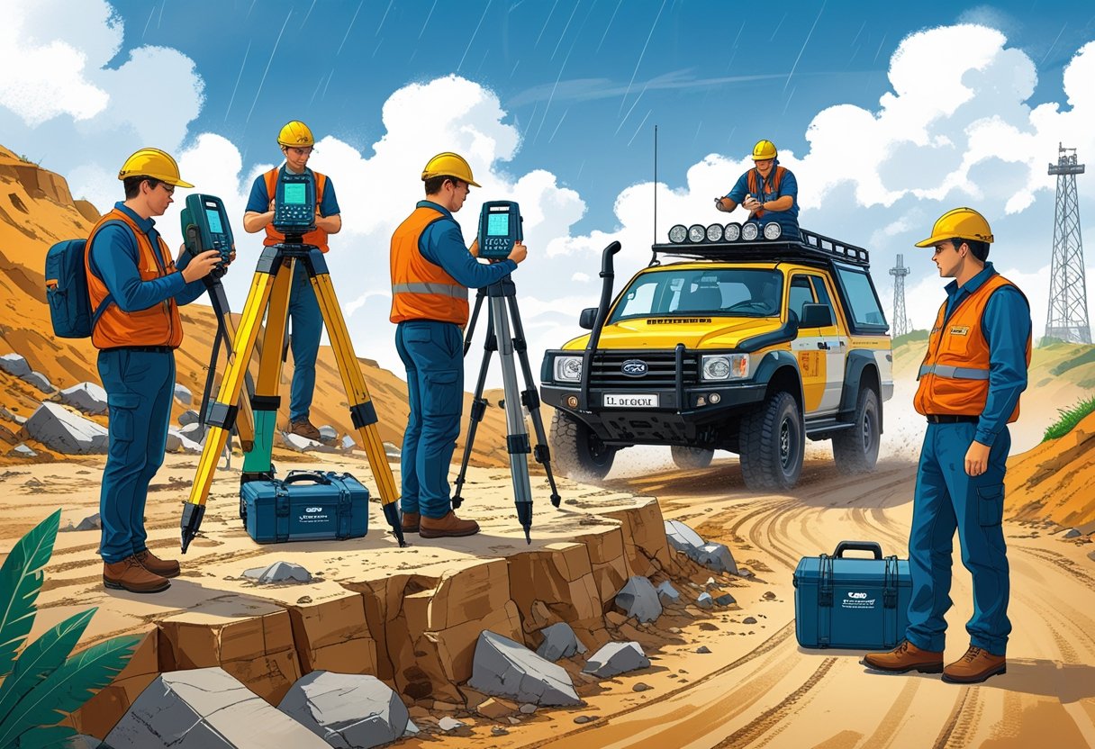 Surveyors working with equipment on rough terrain and construction sites while a driving instructor guides a surveyor in a vehicle for intensive driving training.