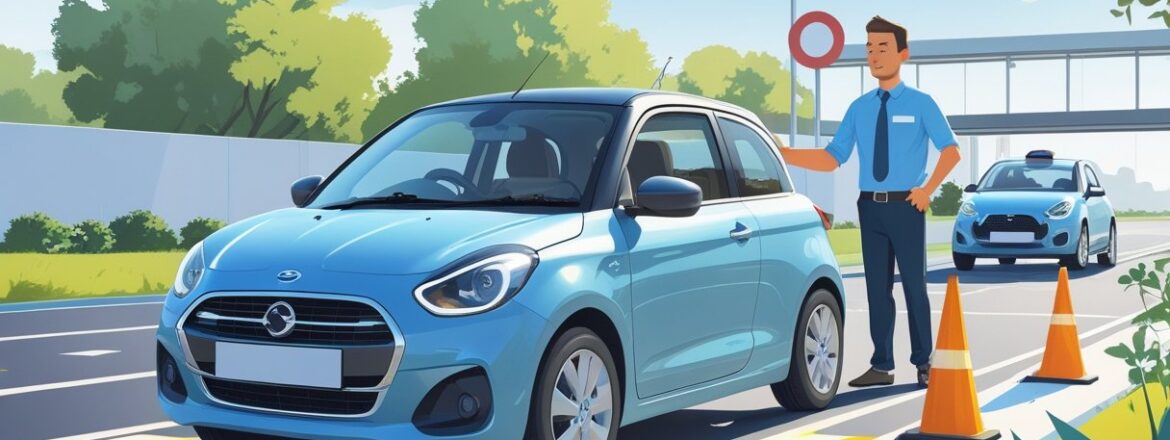 A sole trader driving a car on a training course with a driving instructor observing nearby.