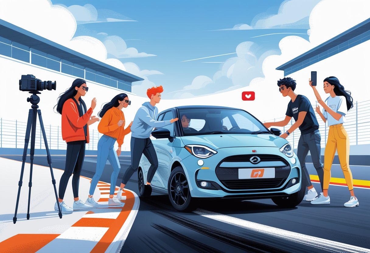 A group of young people learning to drive a car with an instructor in a driving school setting, with a camera recording the session.