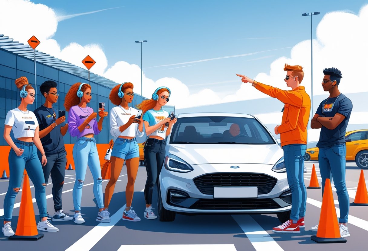 A group of young influencers standing by a car with a driving instructor explaining driving techniques in a training area with traffic cones and road signs.