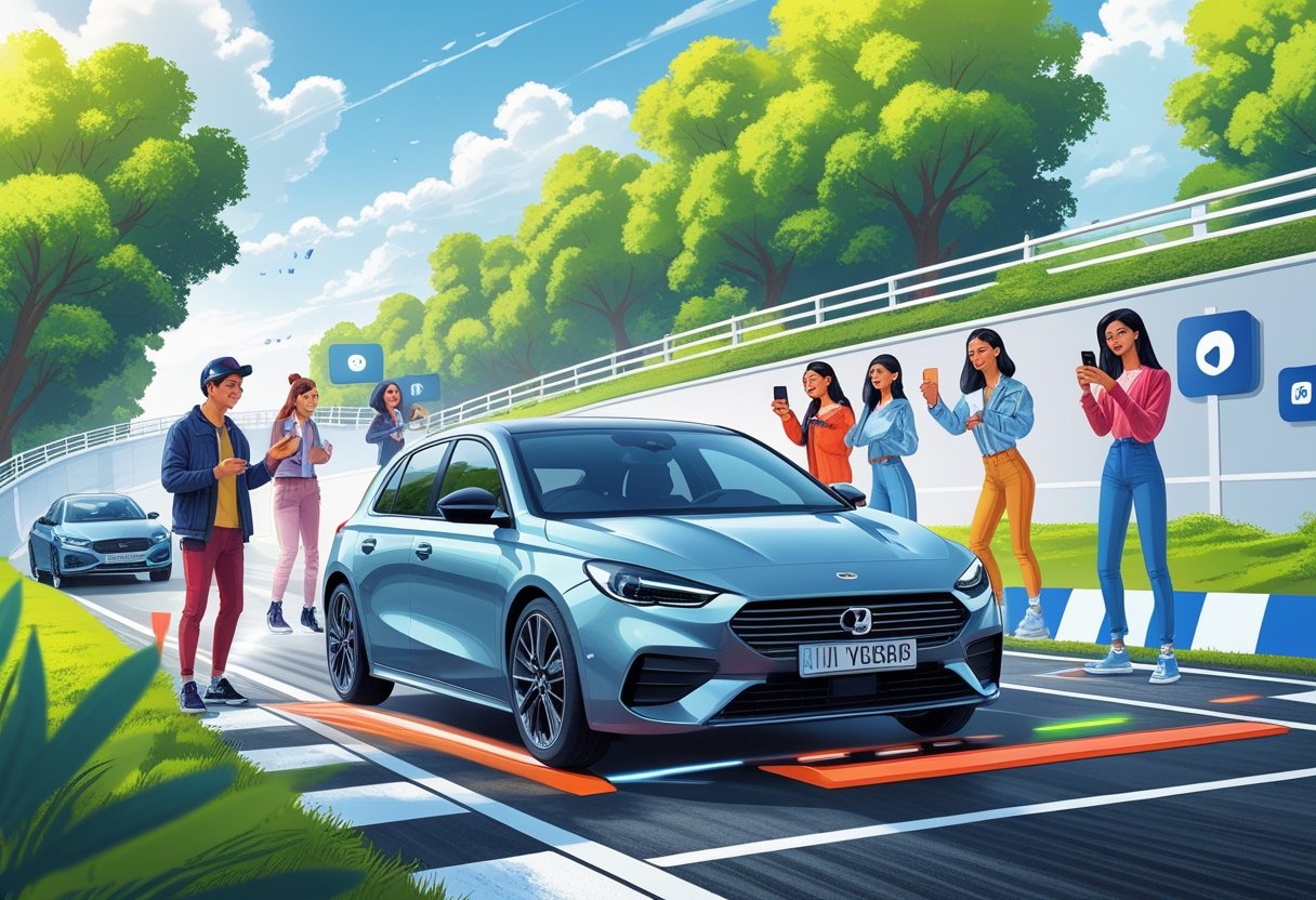 A group of young people learning to drive a modern car on a driving course surrounded by trees and social media icons.
