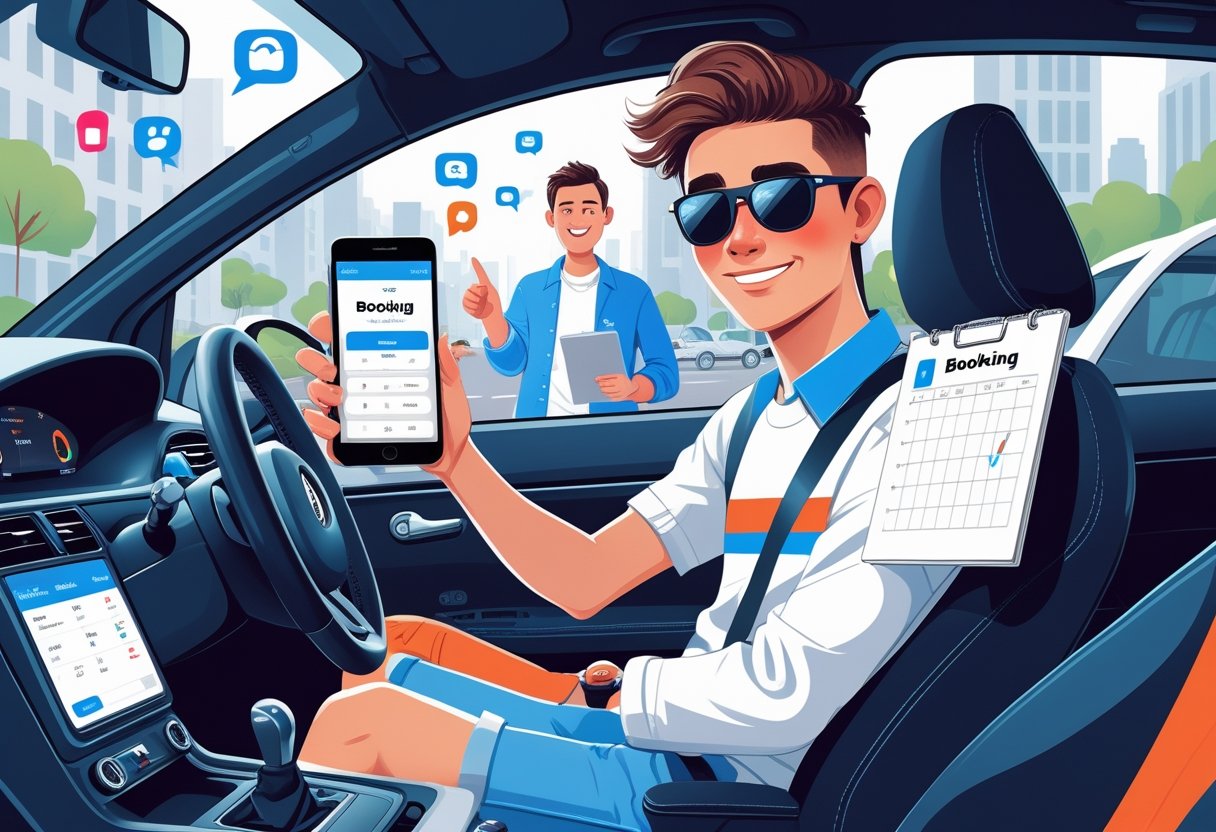 A young person sitting in a car with a smartphone, a driving instructor standing nearby showing a tablet with a calendar and checklist.