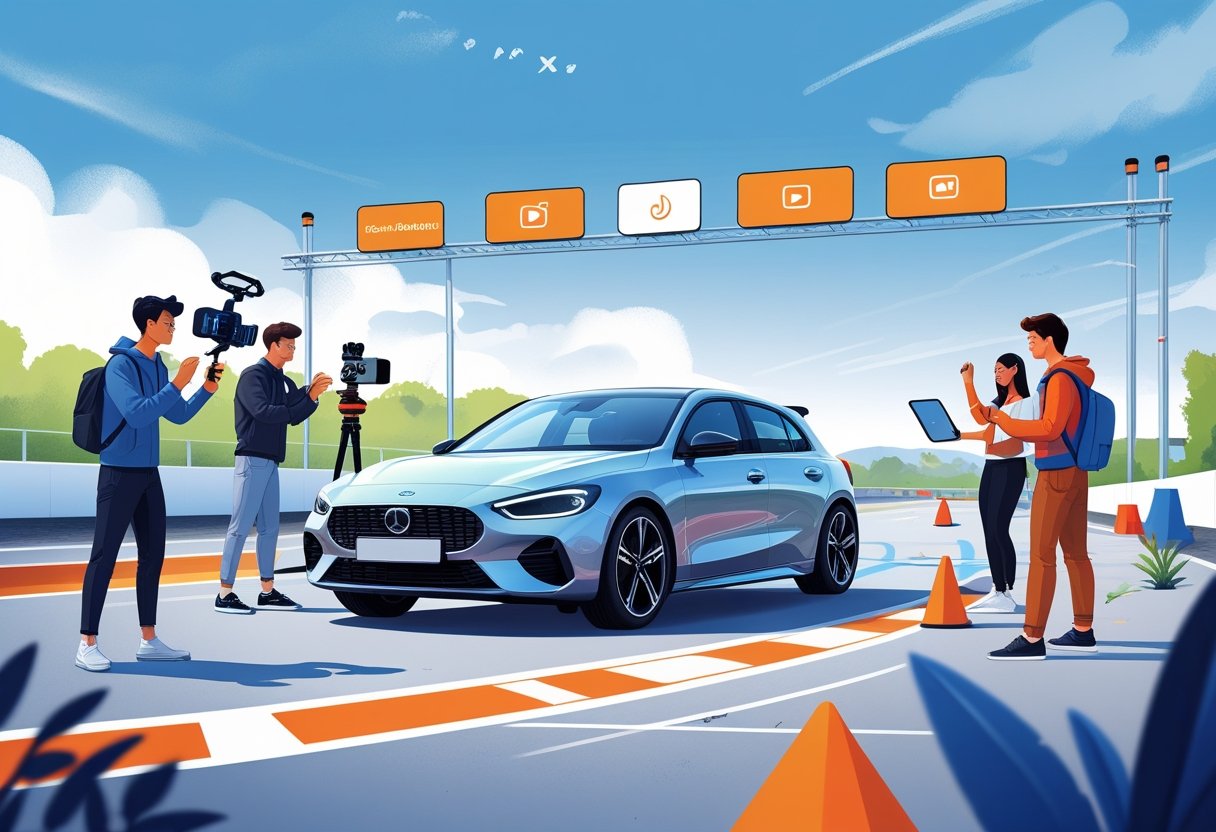 A group of young people practicing driving skills with a car on a closed track while using cameras and digital devices to create content.