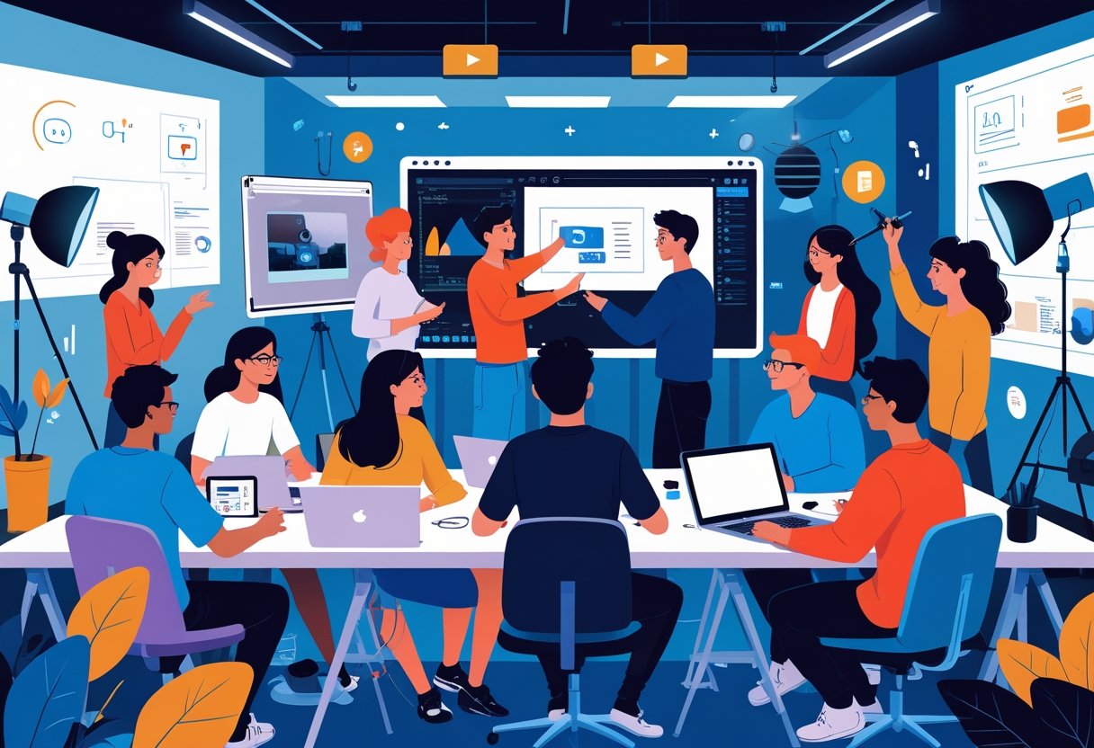 A group of young adults working together in a creative studio with laptops, cameras, and digital tools, focusing on video editing and content creation.
