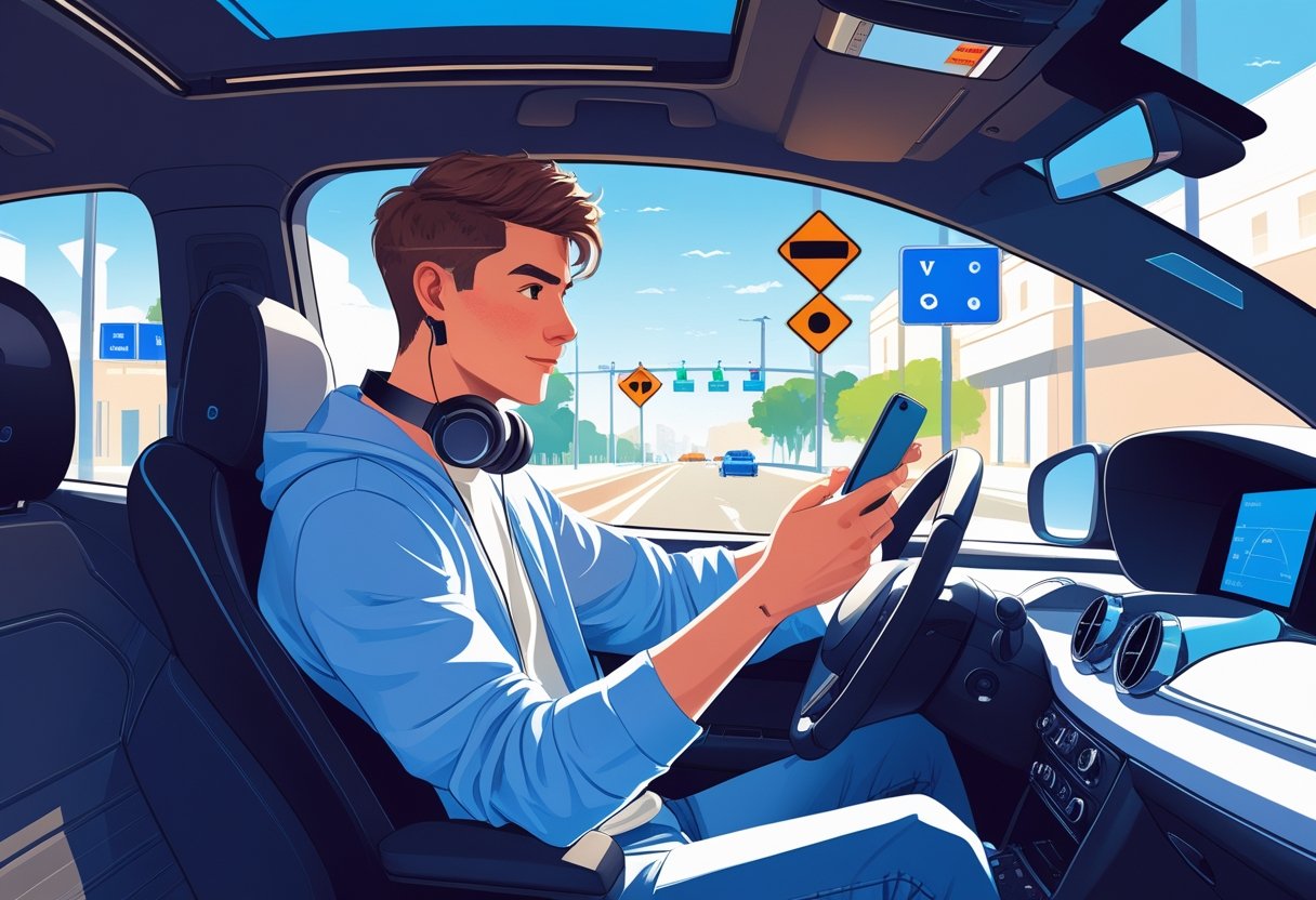 A young adult sitting in a car looking at a smartphone, preparing for an intensive driving course in an urban setting.