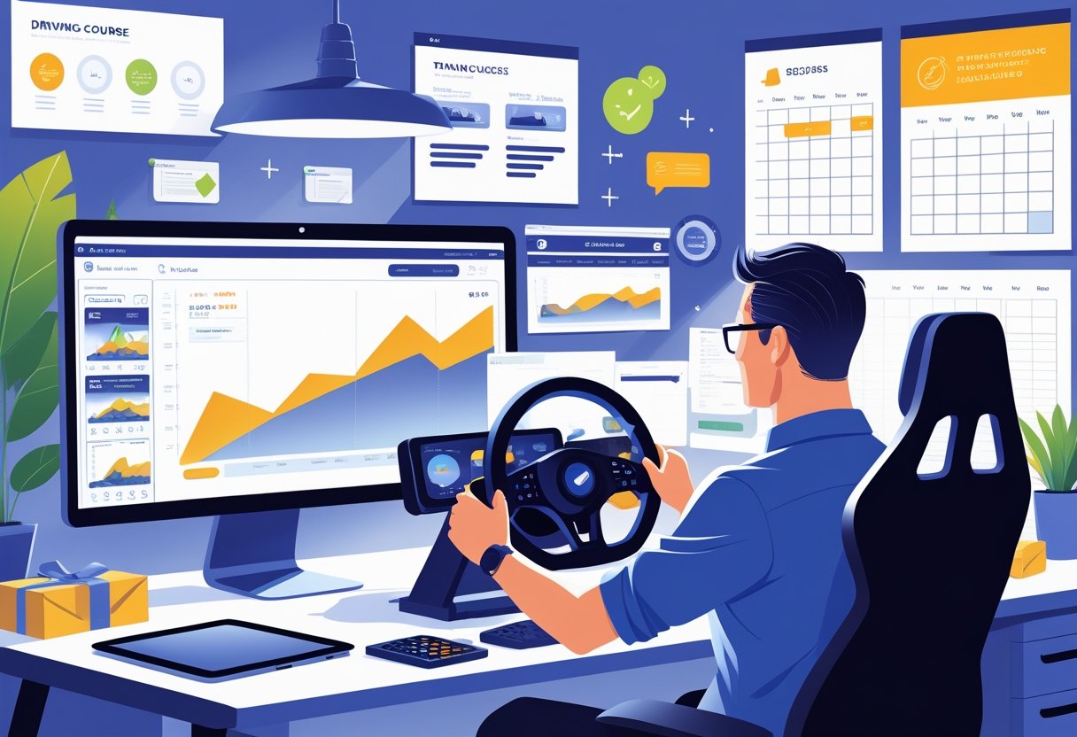 An e-commerce seller using a driving simulator setup in a modern office surrounded by digital devices and packages.