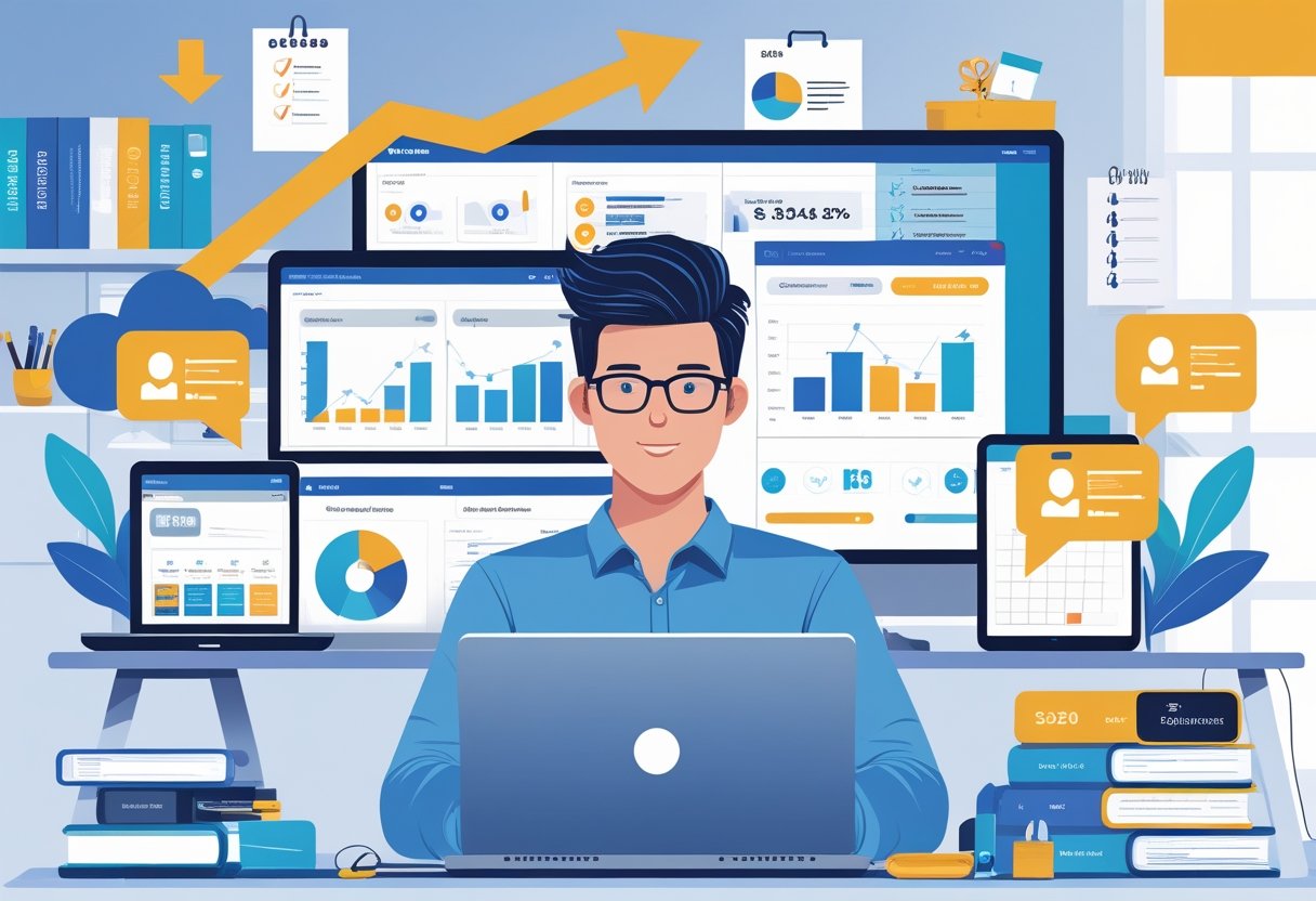 A person working at a desk with multiple digital devices showing sales data and online store interfaces, surrounded by symbols of growth and learning in a tidy workspace.
