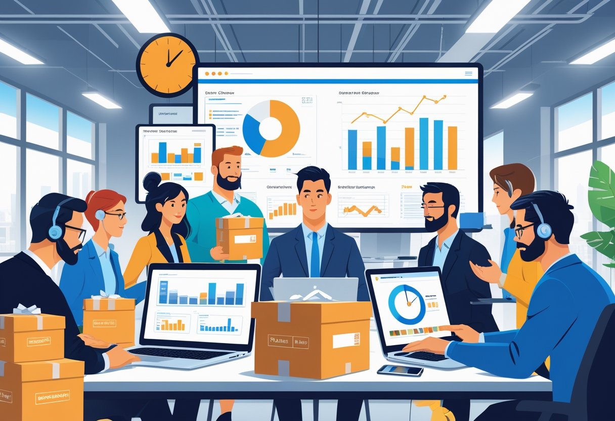 A group of e-commerce sellers working together in an office, surrounded by symbols of common challenges like shipping boxes and clocks, while an instructor leads a training session to help them improve.