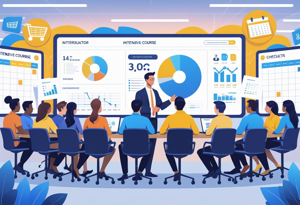 A group of people attending a driving course for e-commerce sellers in a bright room with digital screens showing online selling graphics.