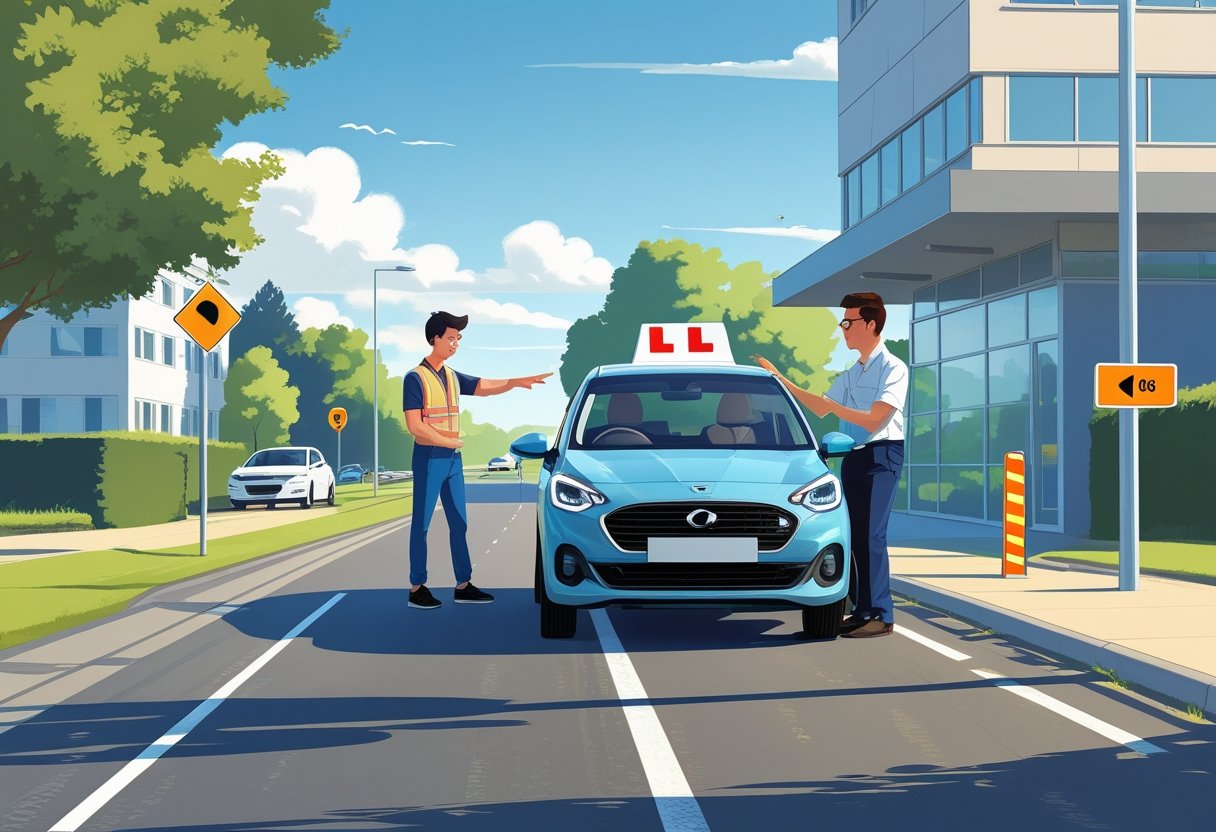 A learner driver in a car receiving guidance from a driving instructor on a suburban street.
