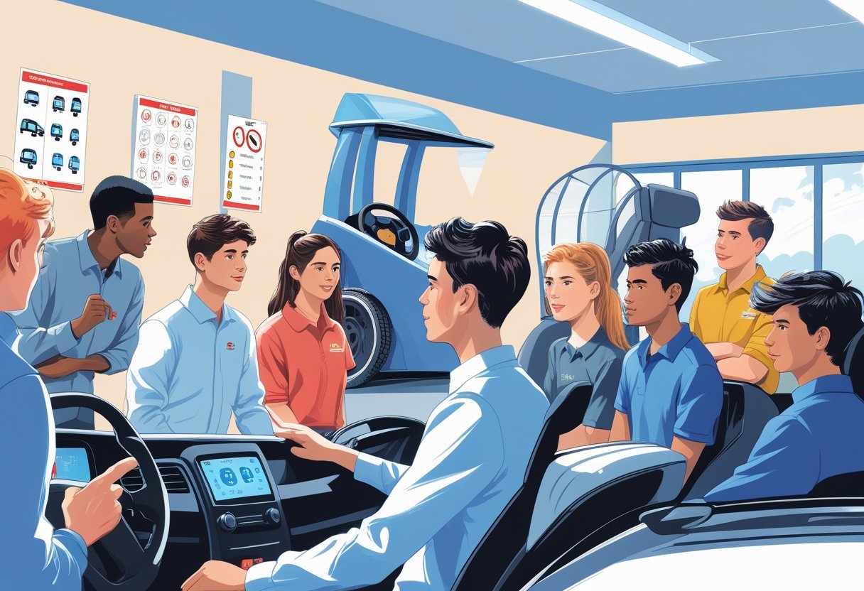 A group of young apprentice drivers learning in a driving school with an instructor and a driving simulator in a bright classroom.
