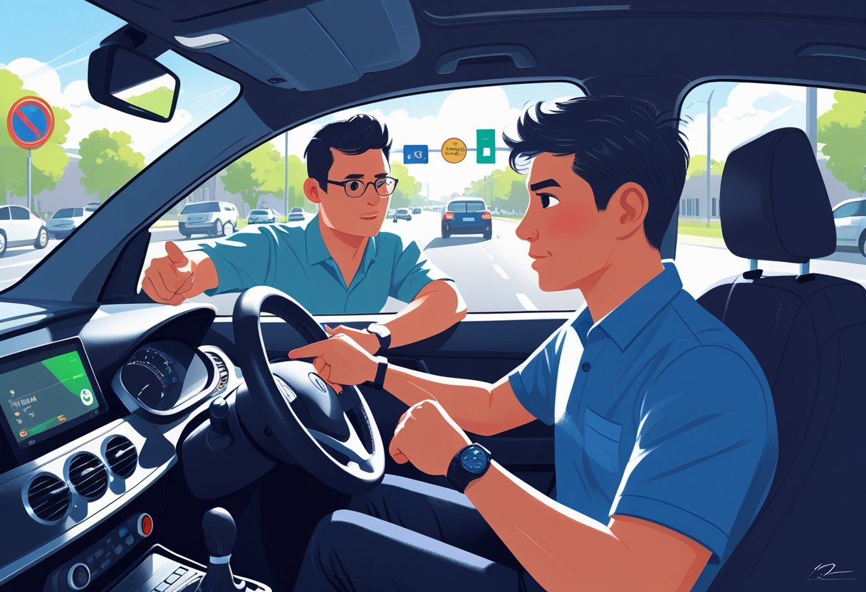 A driving instructor and a young learner driver inside a car on a city street during a driving lesson.