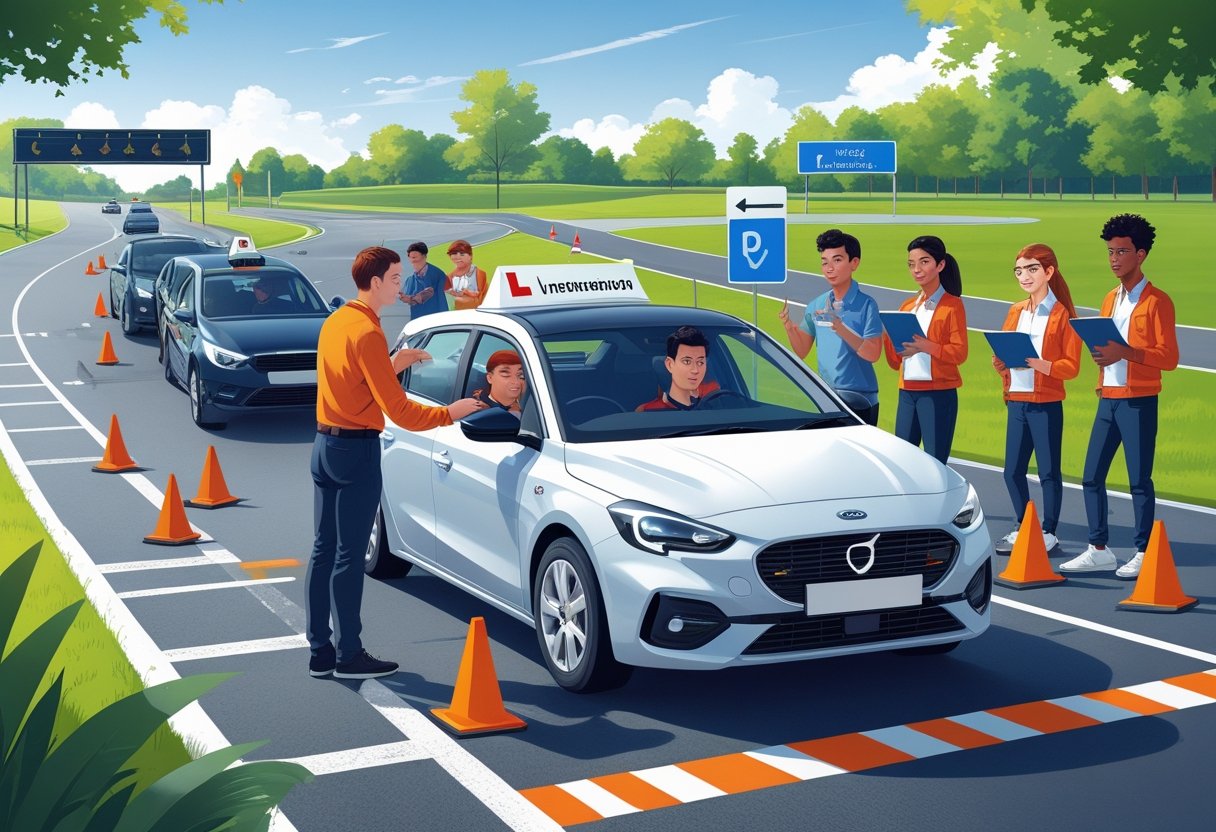A group of apprentice drivers learning with an instructor inside a car on a driving track with road signs and cones.