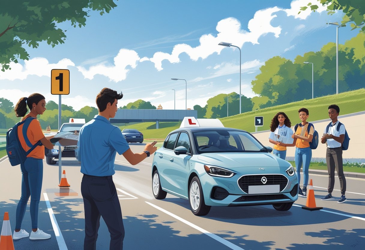 A group of young students learning to drive with an instructor in a safe outdoor driving practice area.