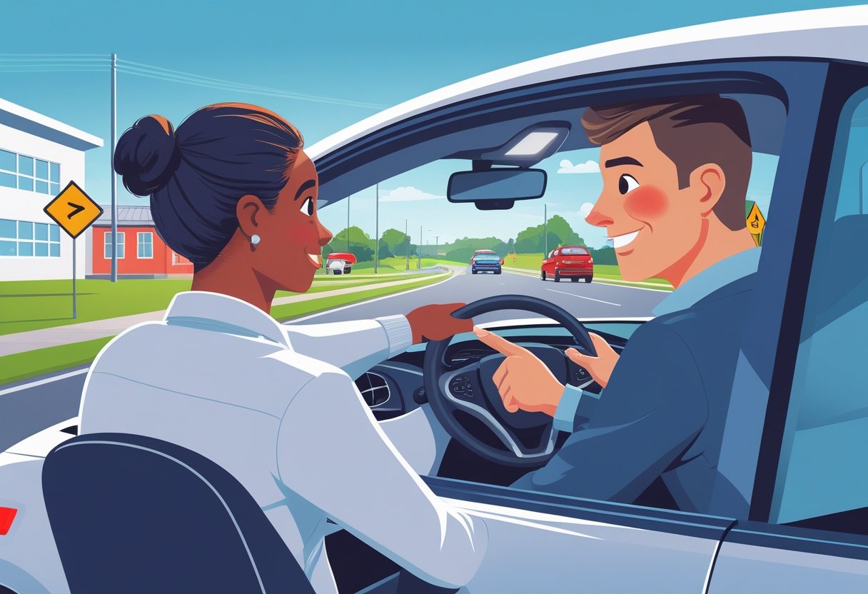 A young student learning to drive with an instructor inside a car on a quiet street near a school.