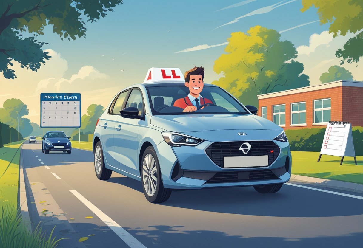 A student driving a car with a driving instructor on a quiet road near a school, showing a focused learning environment.