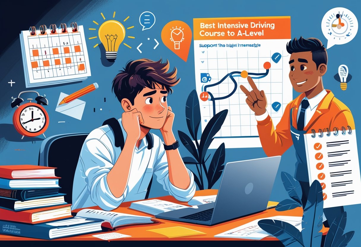 A student studying at a desk with books and a laptop, looking at a calendar and clock, while a driving instructor stands nearby offering support, with a car and driving map in the background.