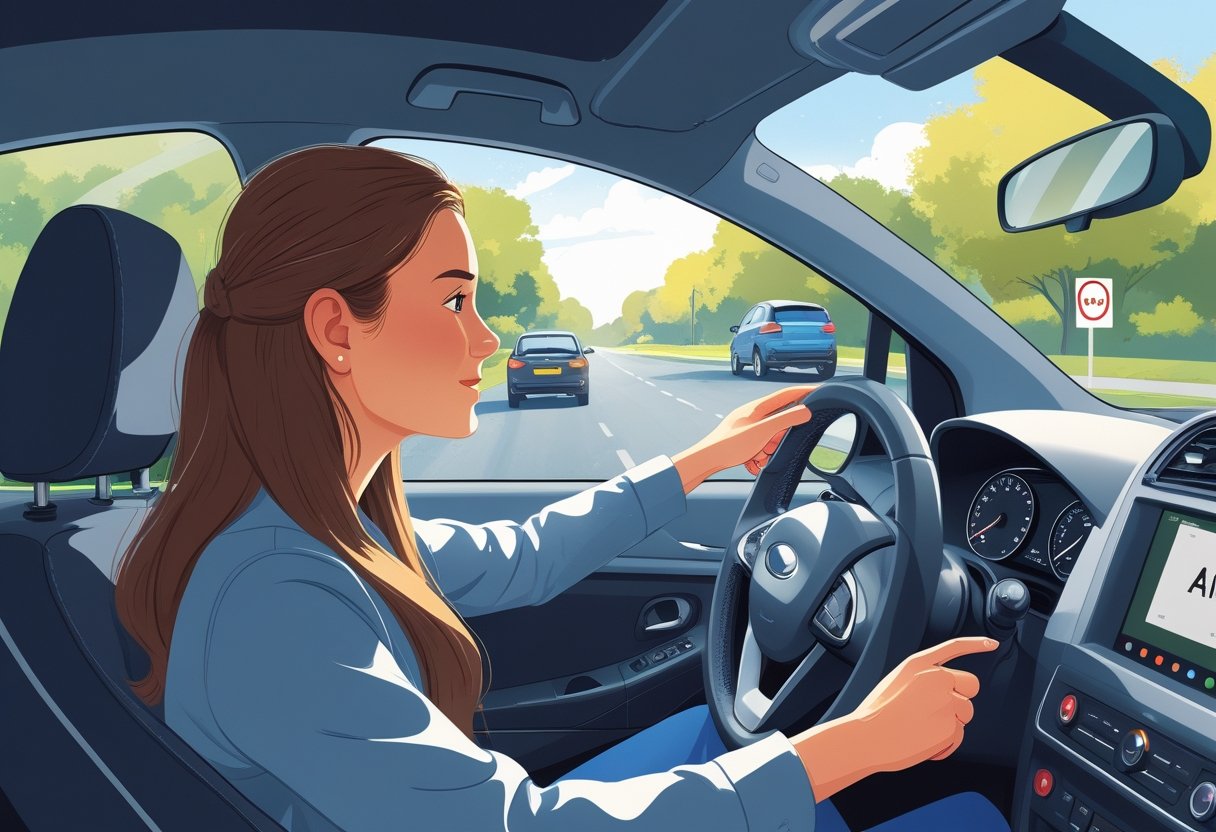 An A-level student in a car receiving driving instruction from an instructor on a quiet suburban road.