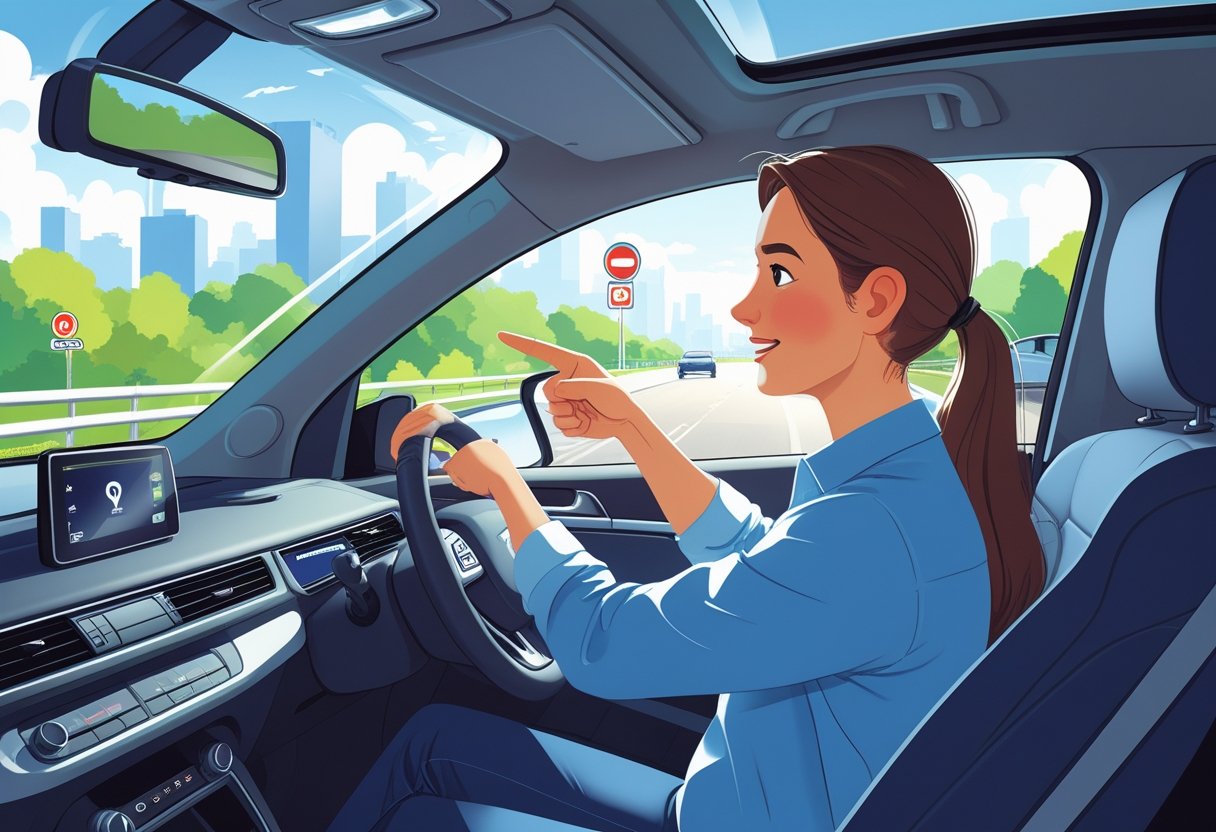 A young adult receiving driving lessons inside a car from a driving instructor in an urban setting.