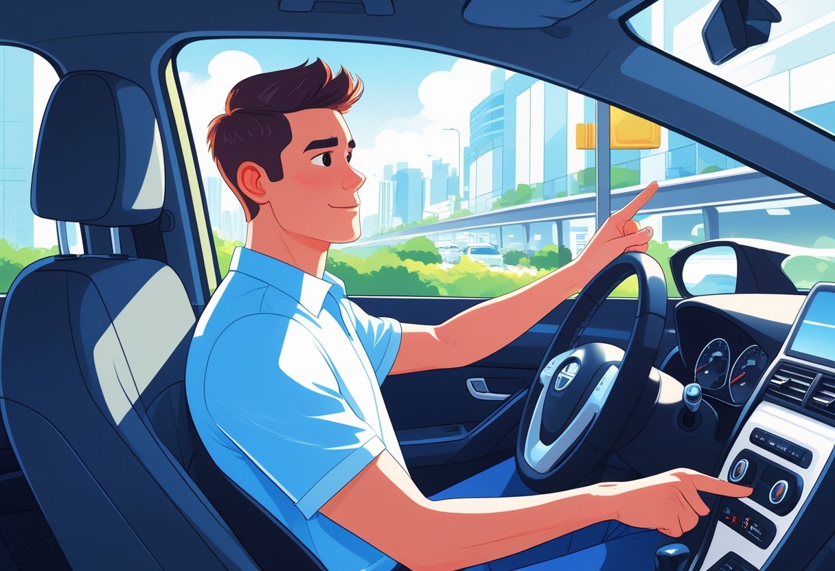 A young adult learning to drive with an instructor in a car, with a cityscape visible outside.