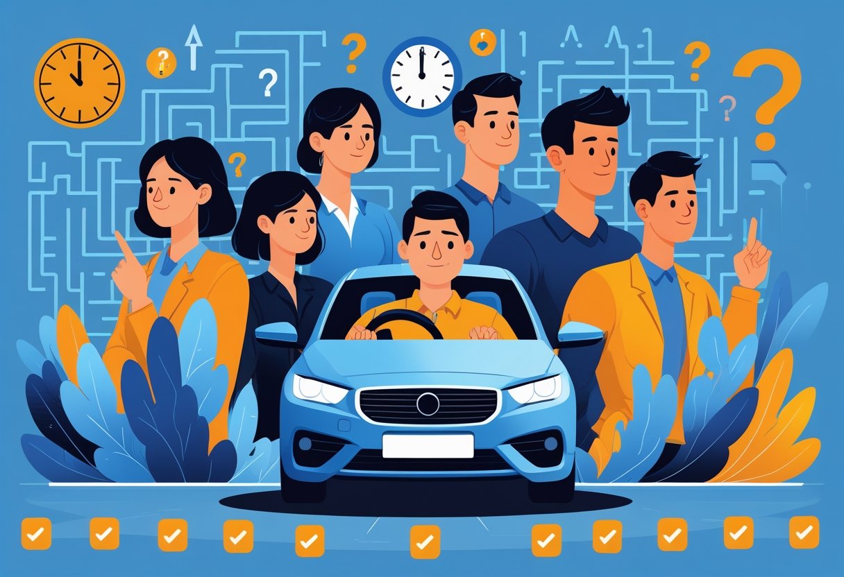 A group of job seekers facing challenges with a driving instructor guiding one person in a car, symbolising support and progress.