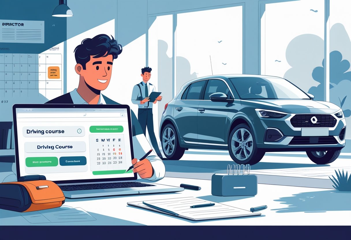 A person booking an intensive driving course on a laptop at a desk, with a driving instructor and car in the background.