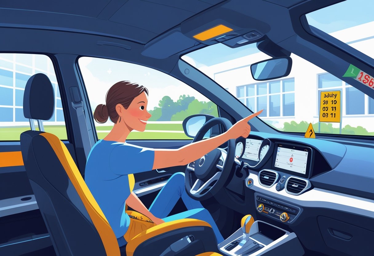 An adult learner receiving driving instruction in a car, with a driving instructor pointing towards the road, set in a driving school environment.