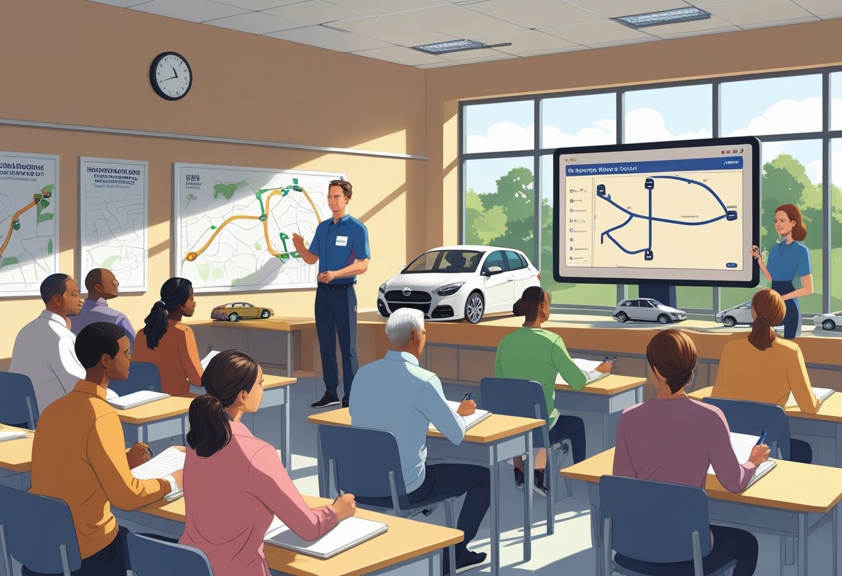 A group of adult learners attentively listening to a driving instructor in a bright classroom with driving posters and a digital screen showing a driving route.