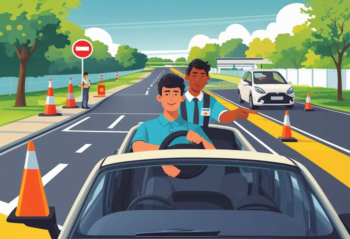 Young adults learning to drive with an instructor in a car on a safe driving course outdoors.