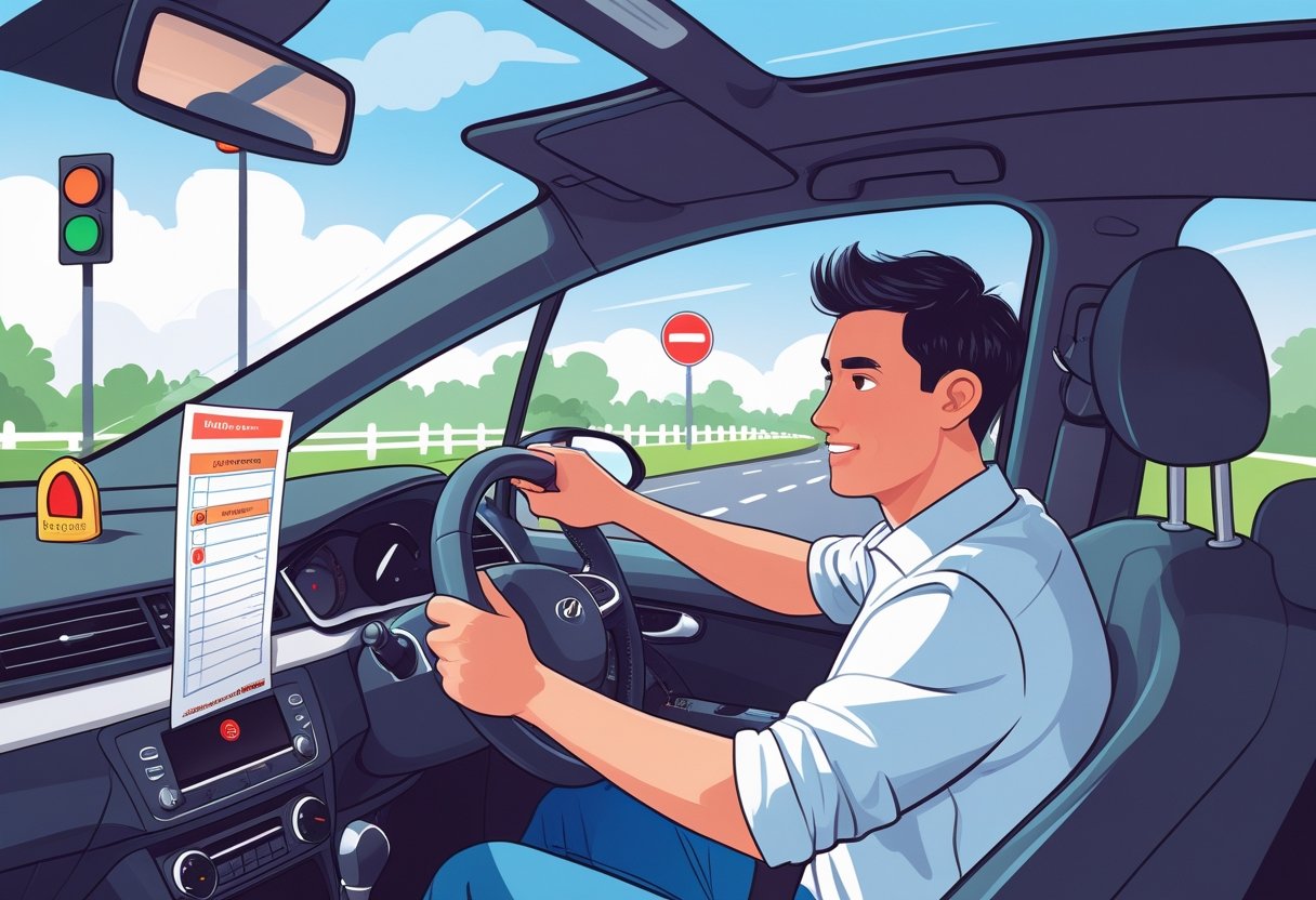 A young adult learner driving a car with an instructor beside them on a suburban road during a driving lesson.