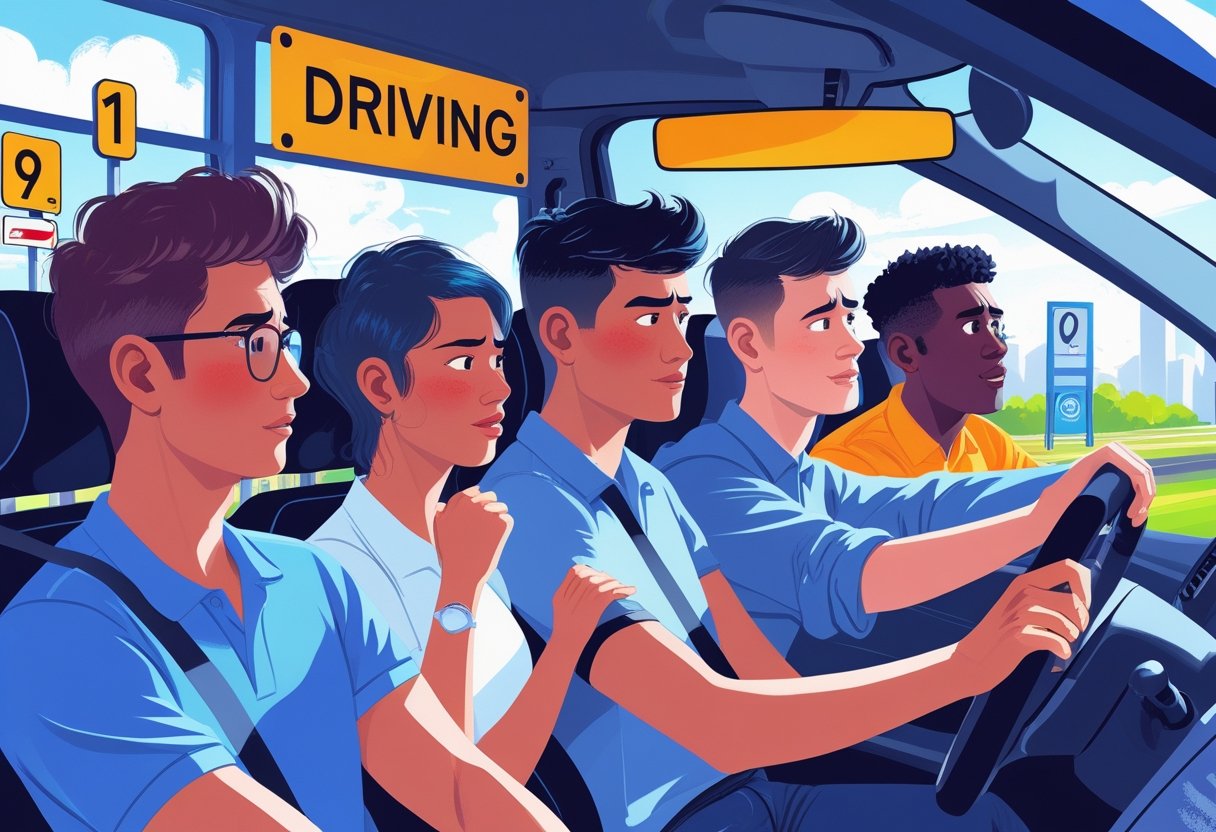 A group of young adults learning to drive with an instructor in a driving school setting, showing focus and support.