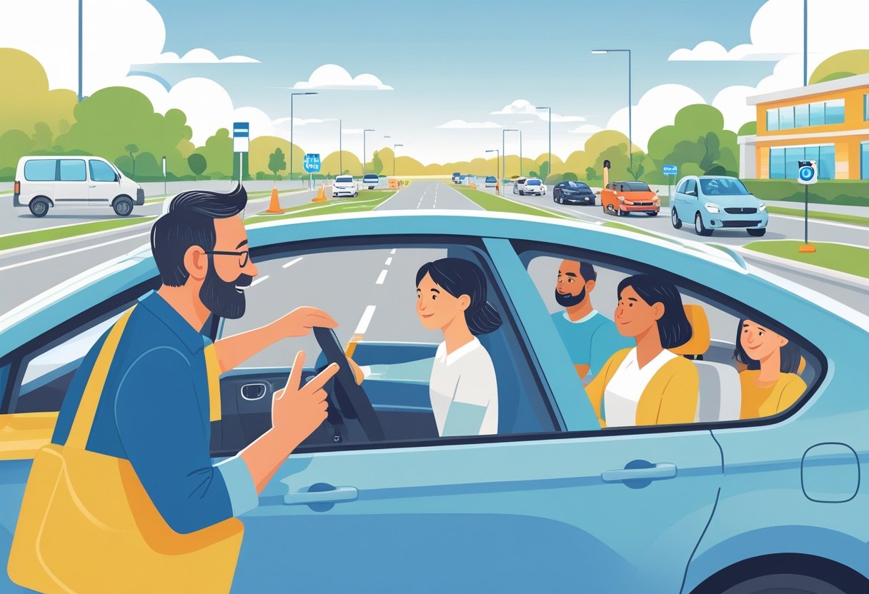 A driving instructor calmly guiding a parent learning to drive in a car on a safe driving course with road signs and a child seat visible inside the vehicle.