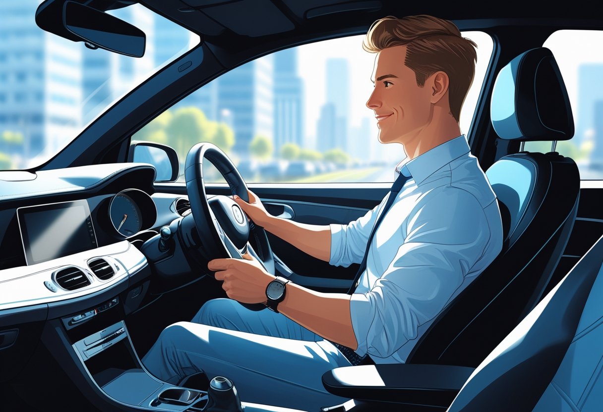 A businessperson in smart casual clothes sitting in the driver's seat of a modern car, ready to drive in a bright city environment.
