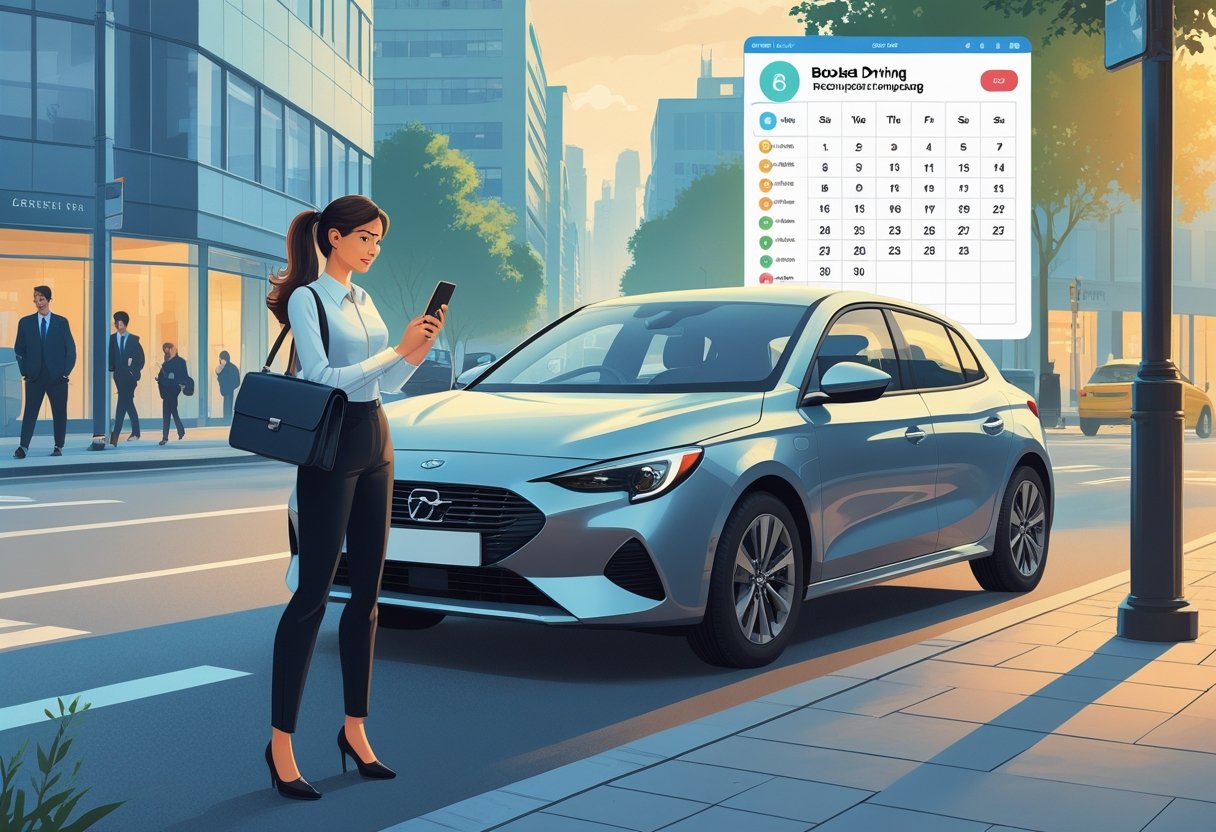 A young professional woman standing by a car in a city street, using her smartphone to book driving lessons, with office buildings and people walking nearby.